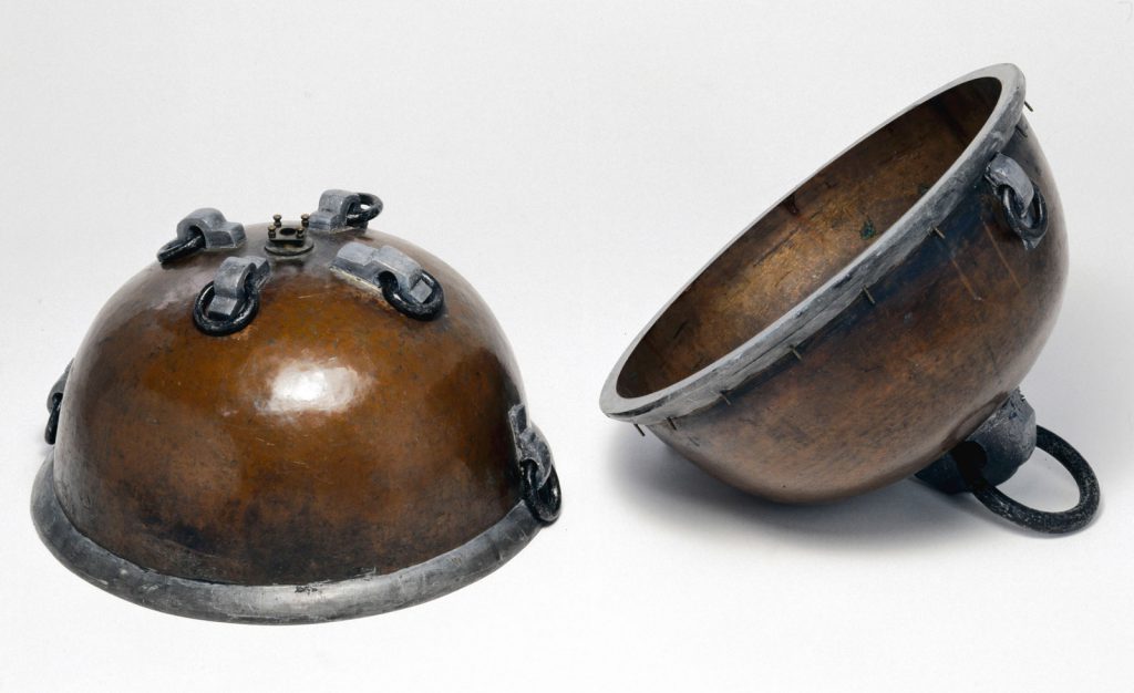 Photograph of an 1876 copy of Magdeburg Hemispheres from 1660 ? two hollow semi spheres used for demonstrating the suction of a vacuum