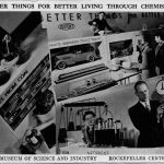 Black and white photographic postcard showing practical uses of chemistry and the caption better things for better living through chemistry