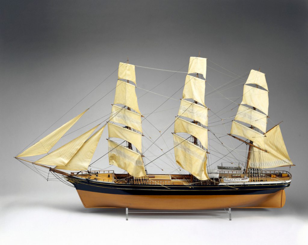Colour photograph of a scale model of a traditional clipper sailing ship