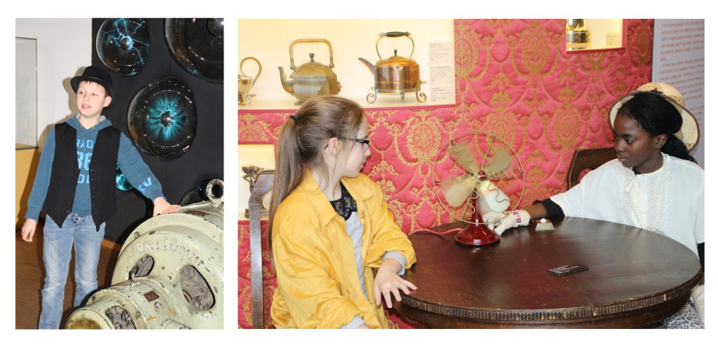 The photograph on the left shows a child performing being a factory owner describing the advantages of his new electric generator. The photograph on the right shows two children with one girl showing a new electrical fan to her friend.