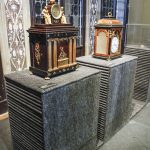 Colour photograph of clocks installed as a listenable objects in the Fondazione Prada museum in Venice