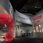 Colour photograph of a section of the Cosmonauts exhibition showing one of the landing craft