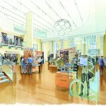 Preliminary design drawing in coloured ink of the first floor of the Chemical Heritage Museum