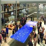 A computer generated design proposal for the Chemical Heritage Foundation including an interactive media table in the centre of the room