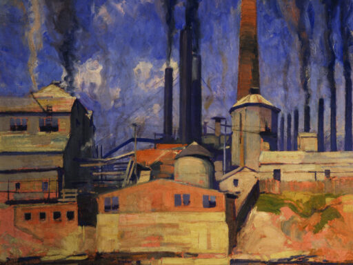 Oil painting of an industrial waterside scene showing smoking pot stacks