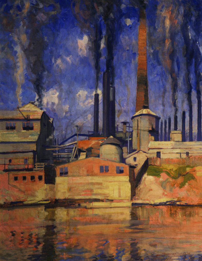 Oil painting of an industrial waterside scene showing smoking pot stacks