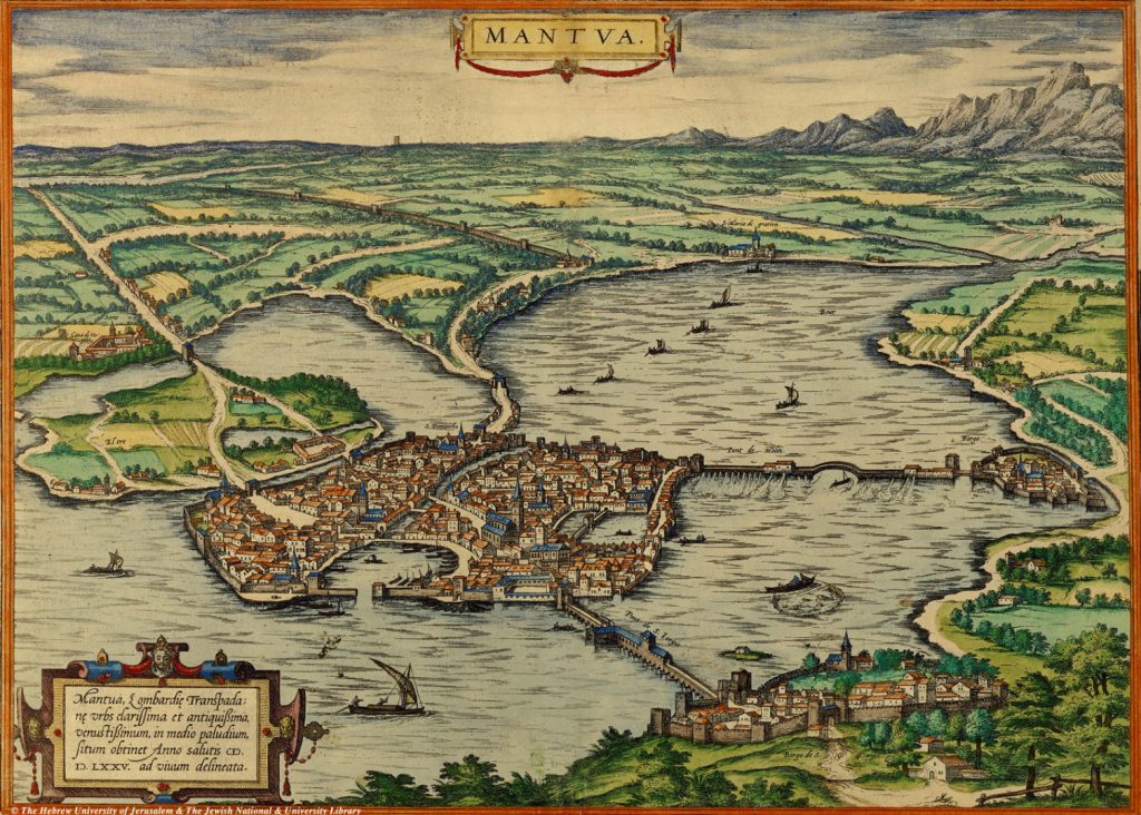 Hand illustrated map of Mantua from 1575