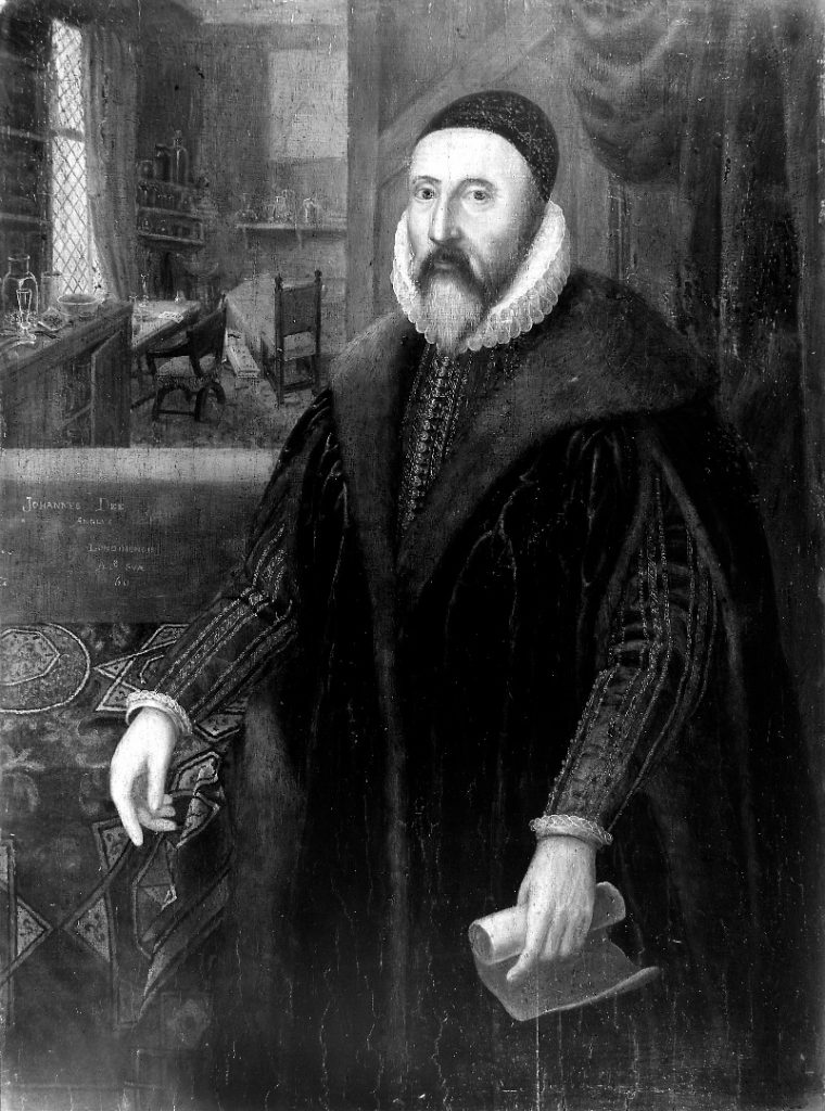 Black and white near full length portrait of John Dee holding a scroll