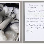 Postcard showing an image of a model spacecraft and hand written answers to questions