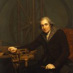 Oil painting portrait of Jesse Ramsden seated on a red upholstered chair beside a dividing engine