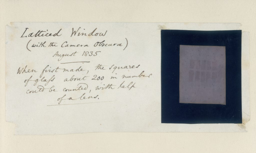 Photograph of the first photograph taken of a lattice window with a camera obscura with accompanying text by the maker