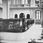 Black and white photograph of a floor of the First National Bank from around 1911