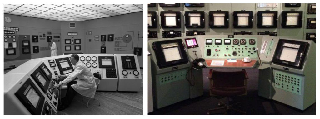 Two photographs of the control room at Dounreay Nuclear Power Station