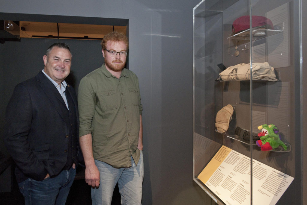 Colour photograph of army veterans in the Wounded exhibition