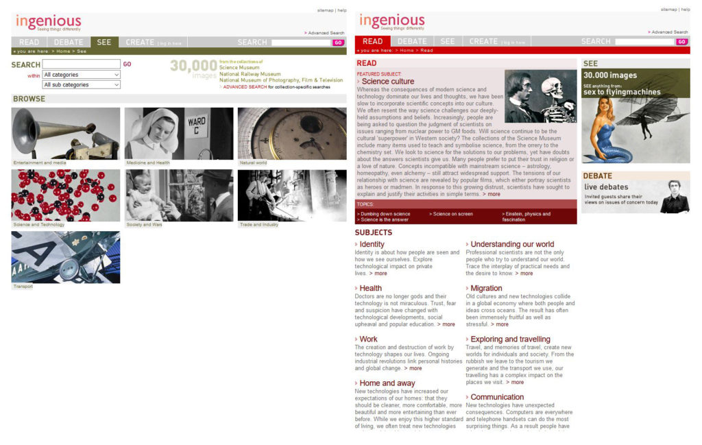 Screenshots of the Ingenious website