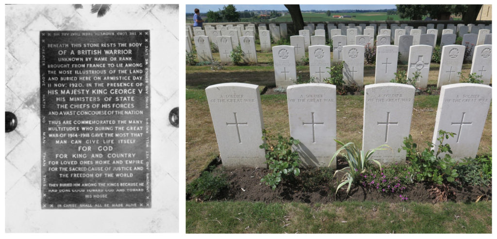 Photographs of the Unknown Soldiers grave in Westminster Abbey and many unknown soldiers graves in a cemetary