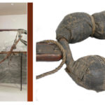 Colour photograph of a field stretcher on display in the gallery