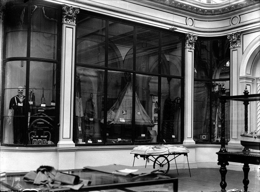 Black and white photograph of a First World War exhibition at the Crystal Palace featuring displays of medical equipment