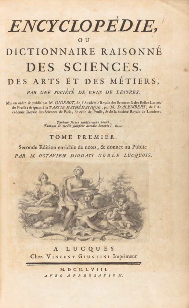 Front cover of the Encyclopédie ou dictionnaire raisonné des sciences des arts et des métiers from 1751