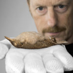 Photograph of Simon Faithfull holding a dead bird specimen