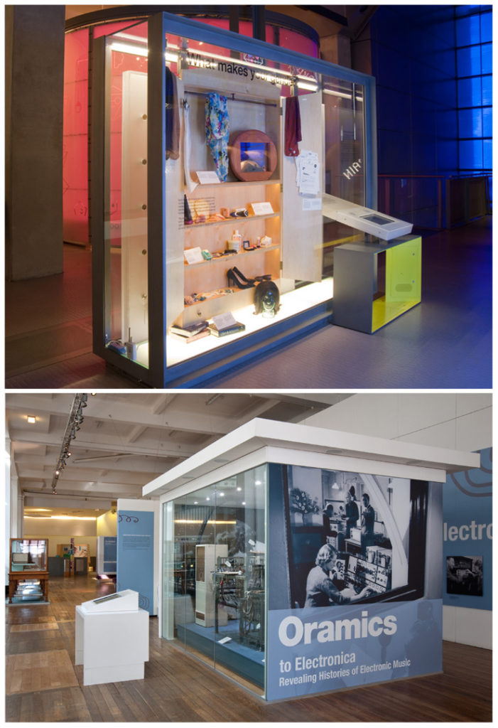 Colour photographs of What is your Gender and Oramics to Electronica gallery displays