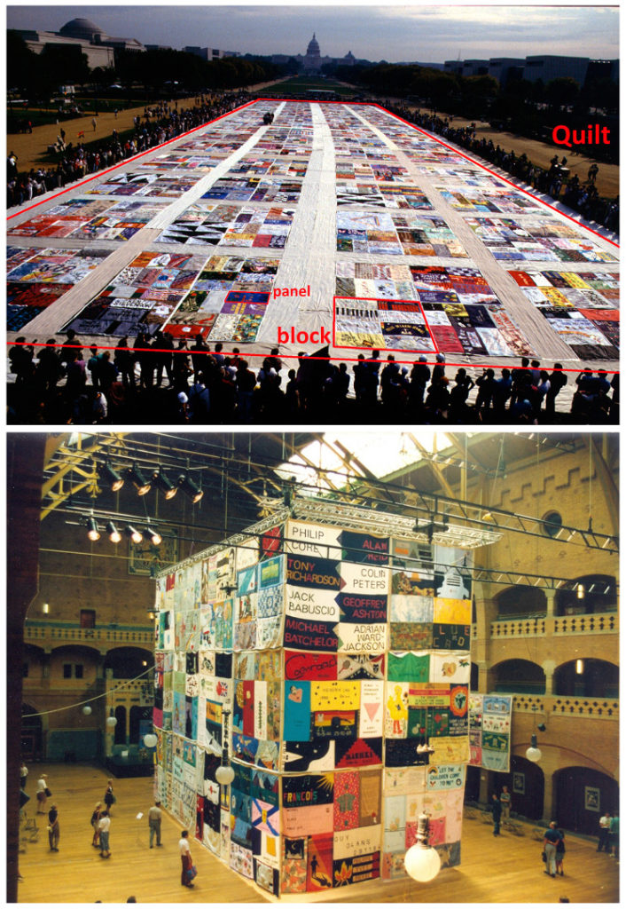 Colour photograph of an AIDS memorial quilt on display in Washington DC in North America and Colour photograph of an AIDS memorial quilt on display at a conference in Amsterdam