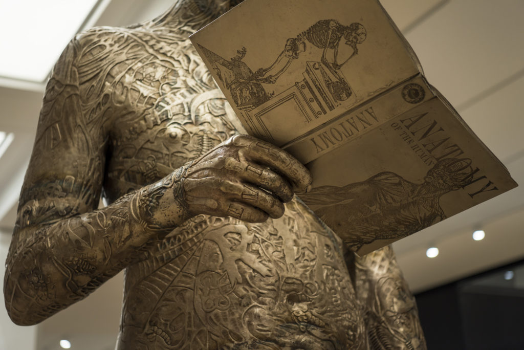 Close up colour photograph of the Self Conscious Gene sculpture situated on gallery