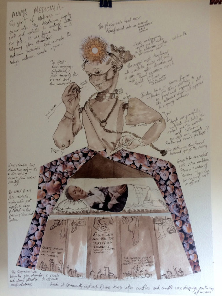 Illustrative sketch of the Santa Medicina sculpture