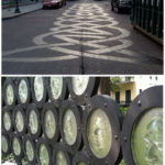 Colour photograph of the Troy Survivors Knot road painting in New York and Colour photograph of a set of faces of AIDS survivors cast in glass