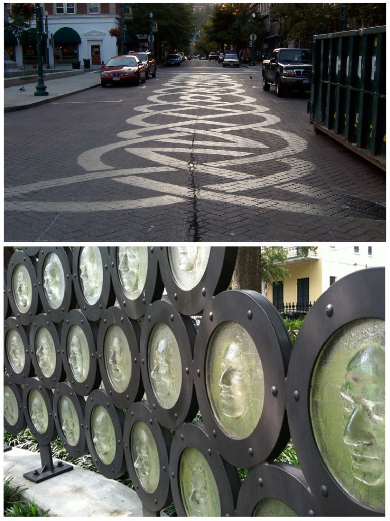 Colour photograph of the Troy Survivors Knot road painting in New York and Colour photograph of a set of faces of AIDS survivors cast in glass