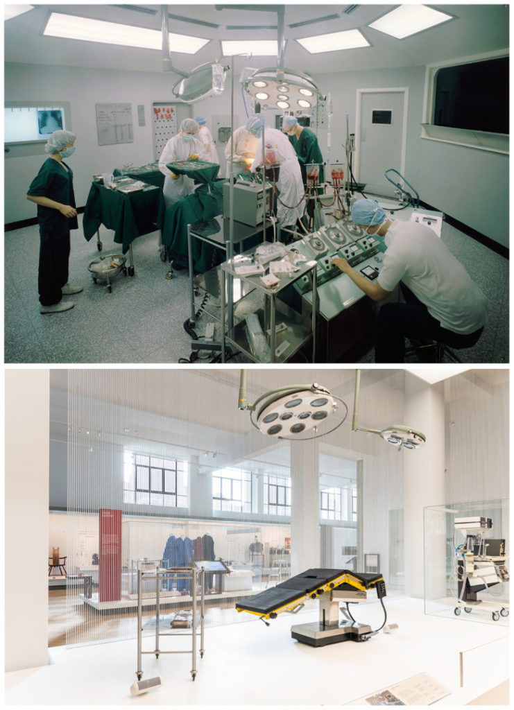 Colour photographs of an operating theatre diorama and a theatre exhibition display