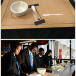 Colour photographs of an interactive pharmacy counter with pupils exploring it