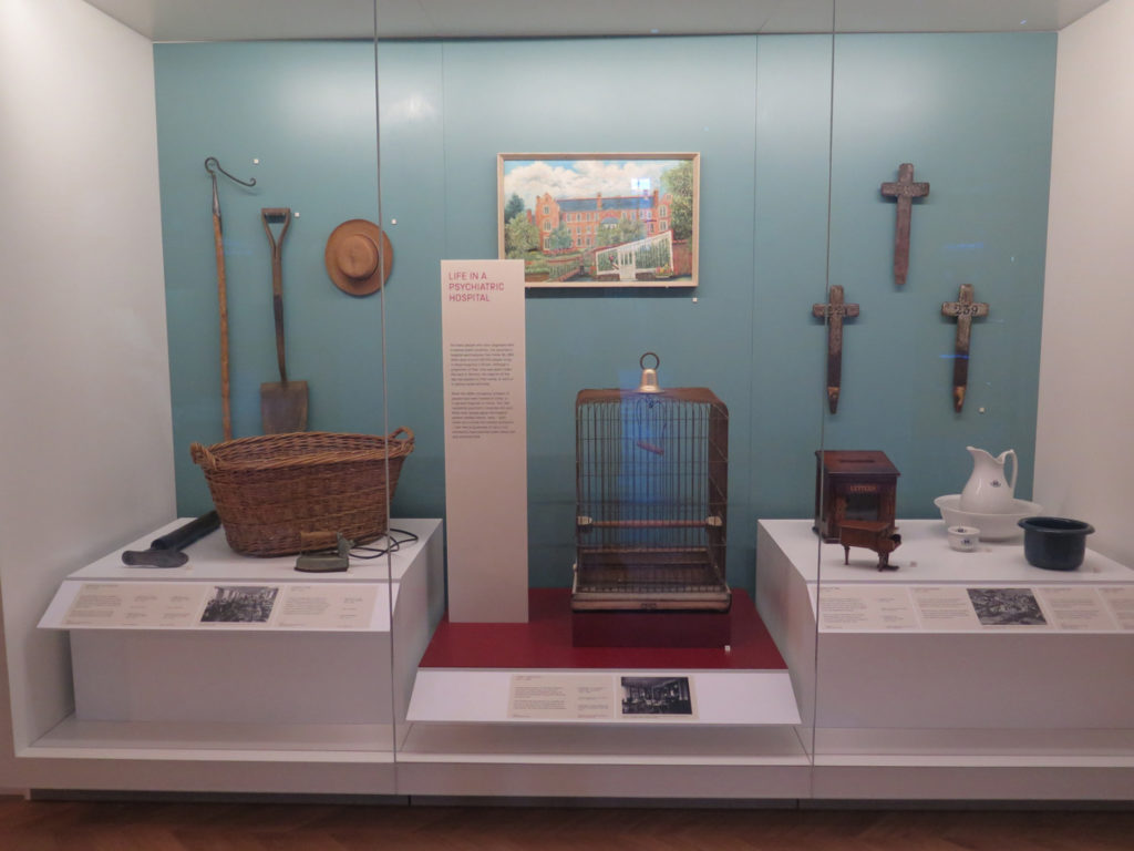 Colour photographs of psychiatric hospital objects on display