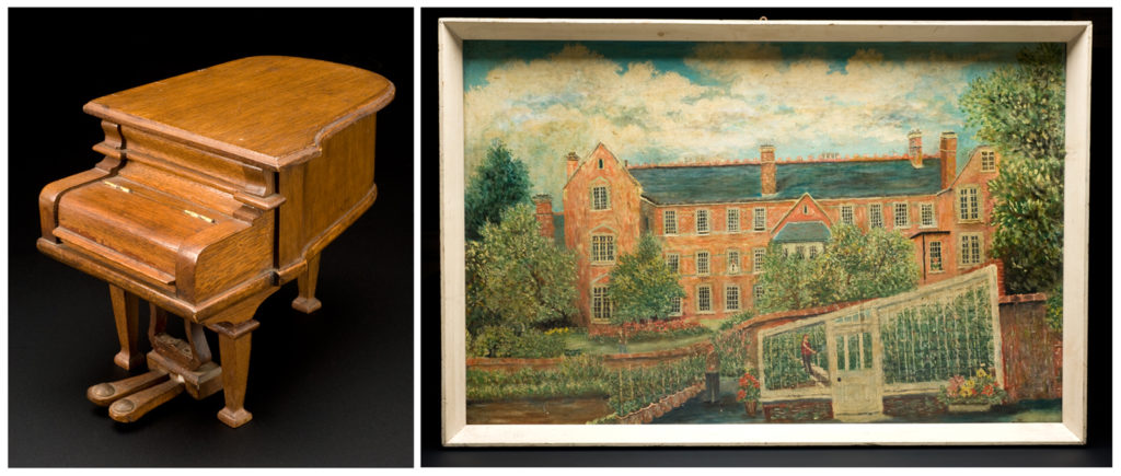 Colour photographs of a mini grand piano model and an oil painting of a large house