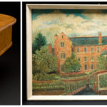 Colour photographs of a mini grand piano model and an oil painting of a large house
