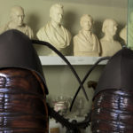 Colour photograph of two museum visitors in cockroach outfits