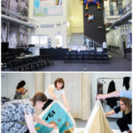 Colour photograph of a section of the Australian AIDS memorial quilt on display in Sydney and museum curators unfolding an AIDS memorial quilt