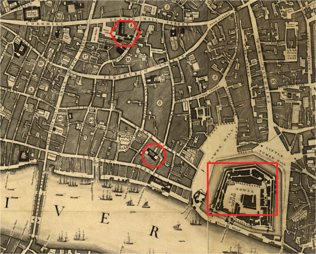 Map of London from 1746 showing the locations of East India House Trinity House and the Royal Mint