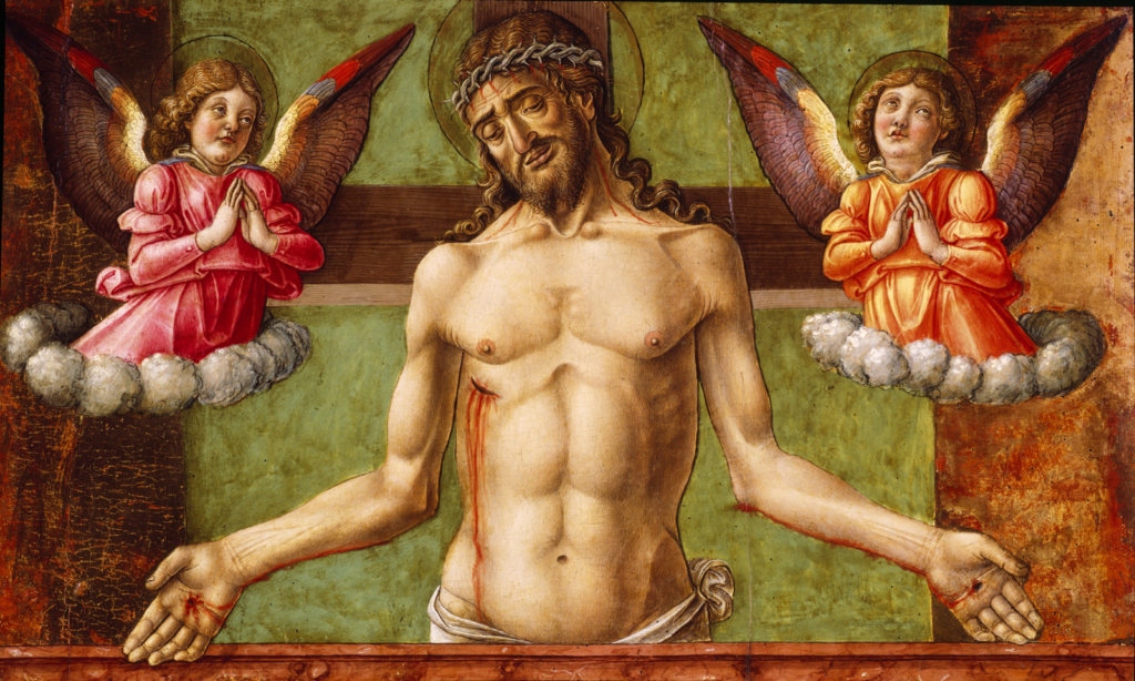 Tempera on wood panel illustration of Christ and angels