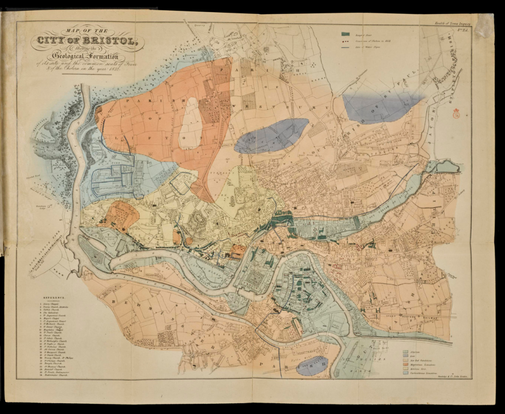 Coloured map of the city of Bristol in 1845
