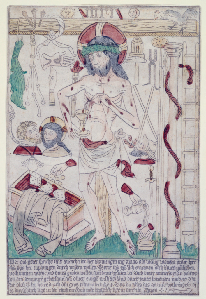 Coloured woodcut and xylographic text of Christ the man of sorrows