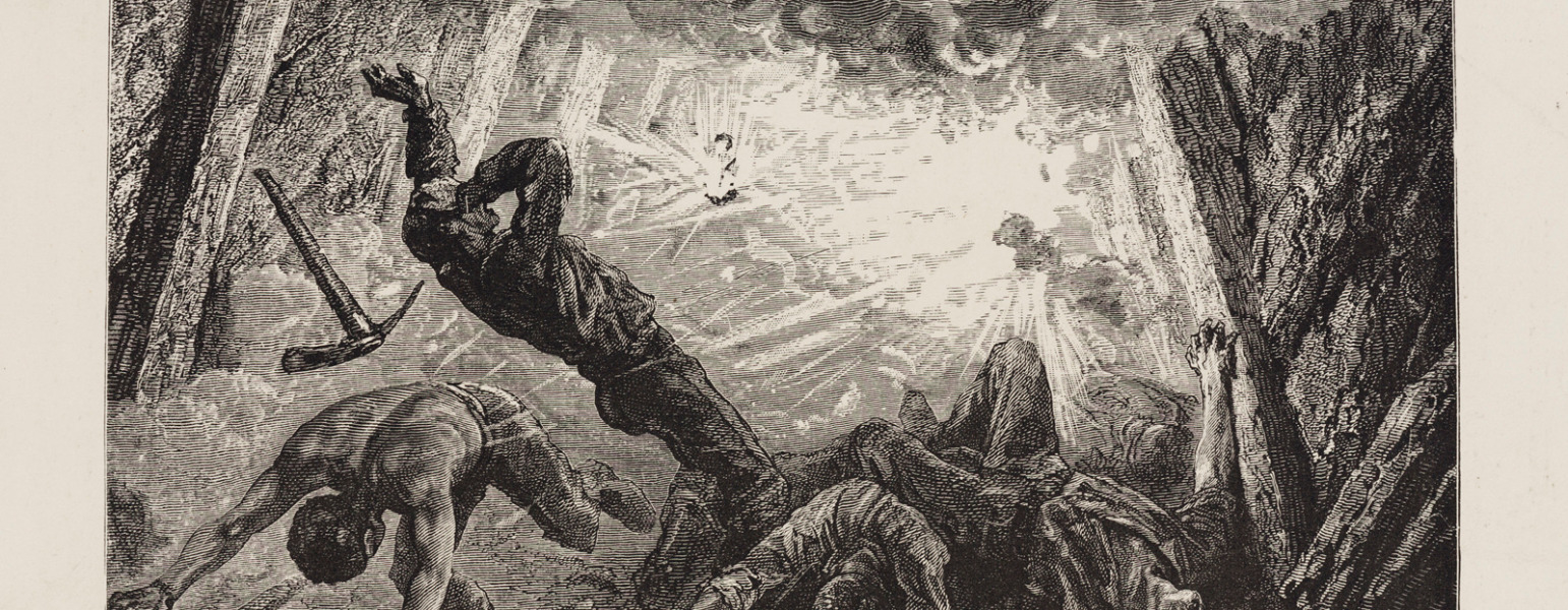 Engraved illustration of an explosion of fire damp in a mineshaft