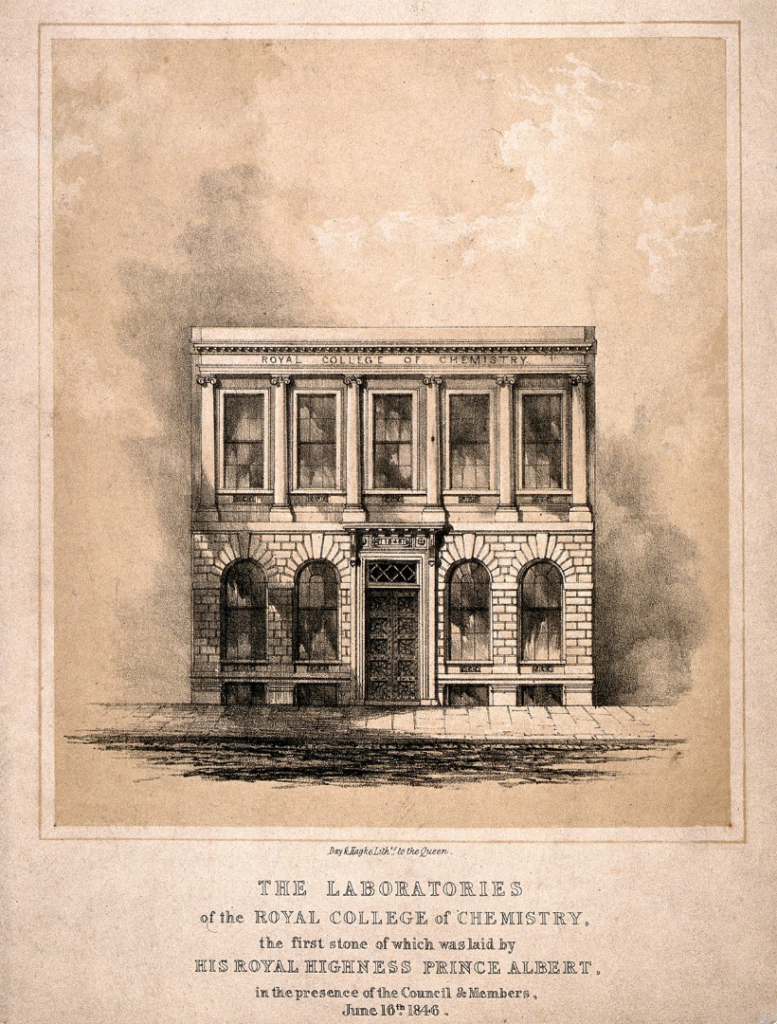 Lithograph illustration of the Royal College of Chemistry buildings in 1846