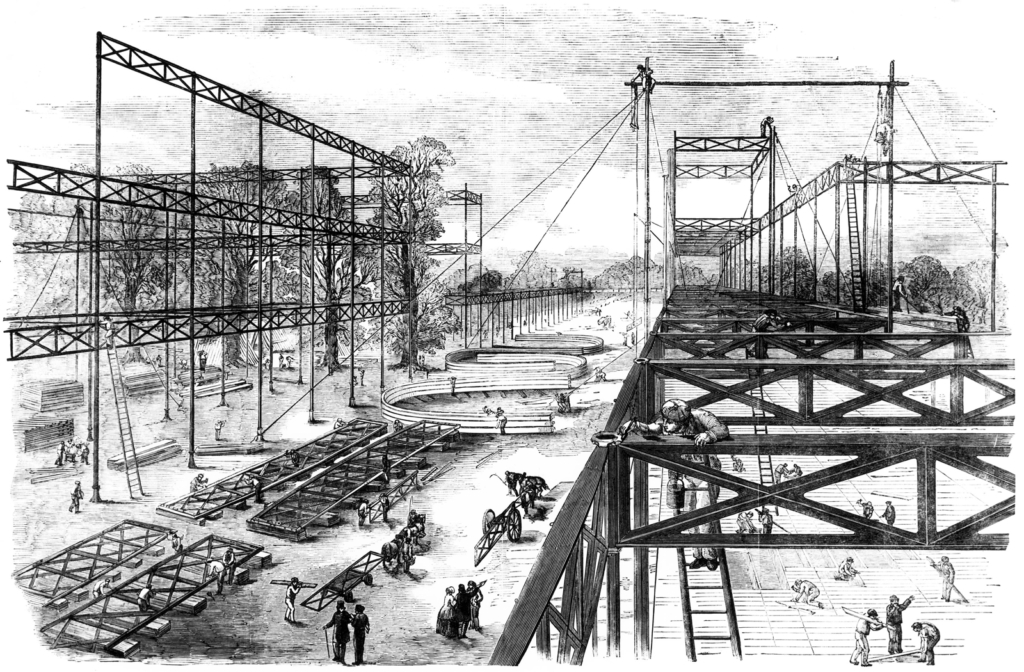 Newspaper illustration of the construction of Crystal Palace in 1850