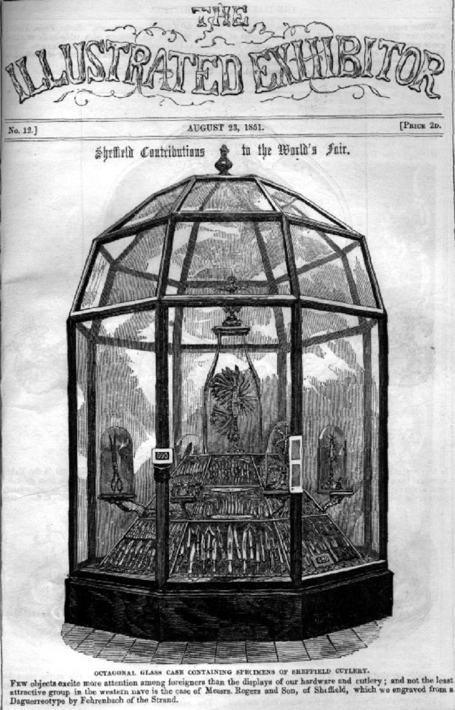 Newspaper cover illustration showing a glass display case for British cutlery