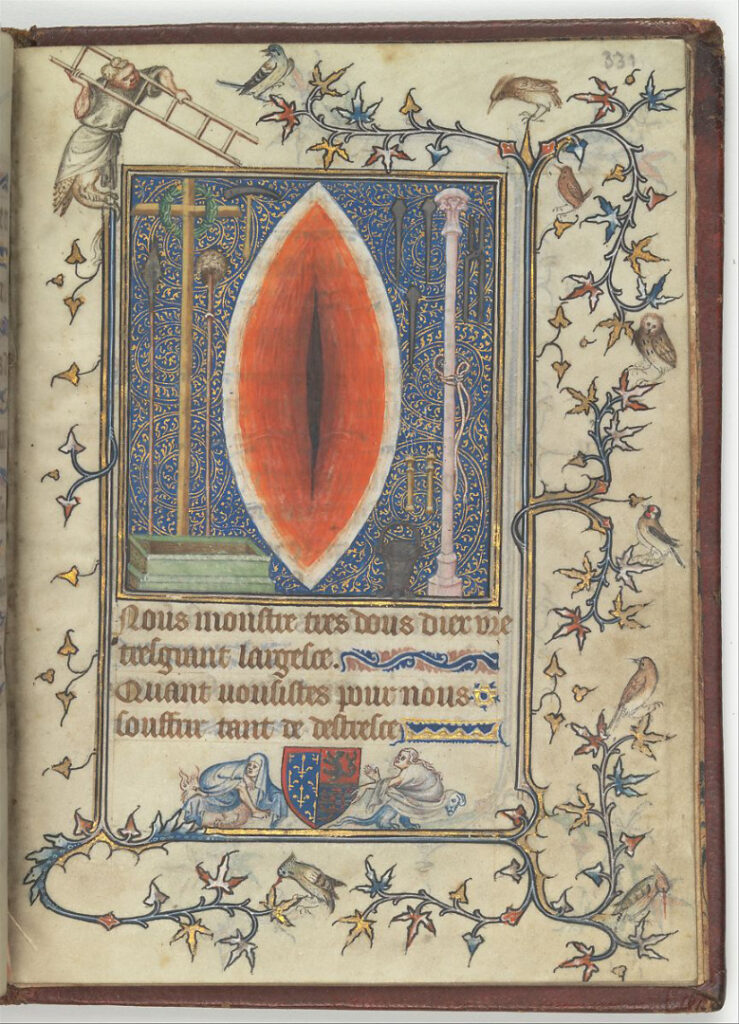 Page from the Psalter and Prayer Book of Bonne of Luxembourg showing Christs side wound