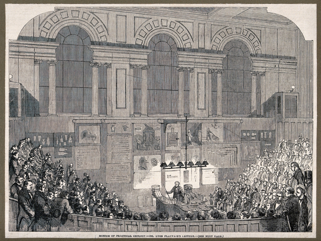 Engraving of Lyon Playfair giving a lecture on chemistry