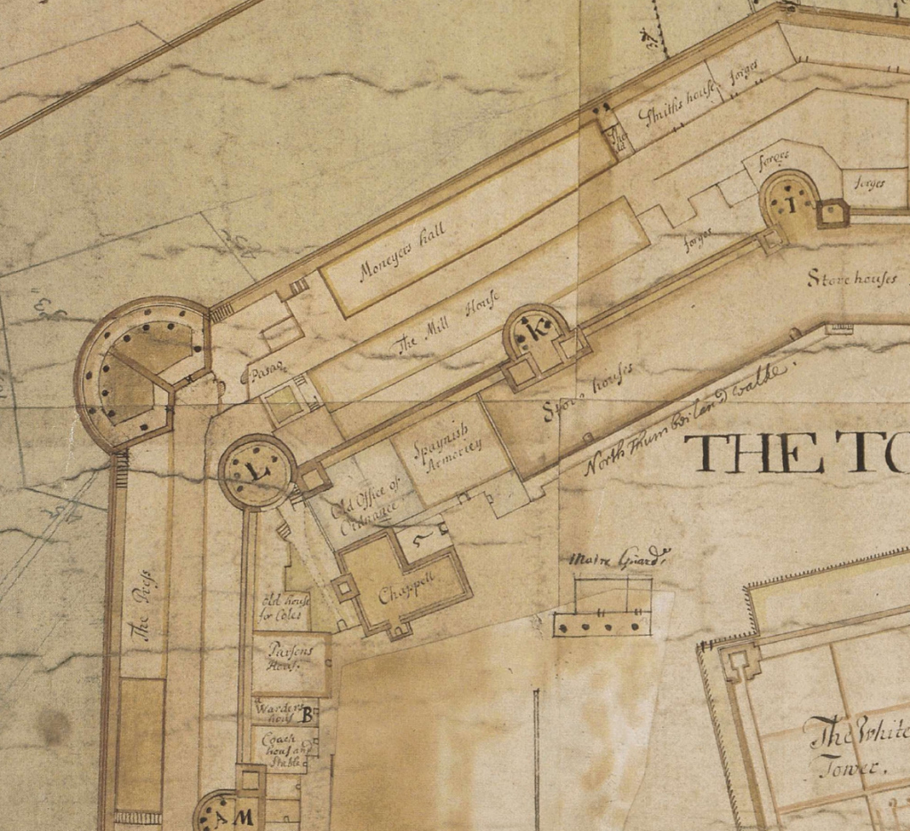 Detail of a map plan of the north west corner of the Tower of London in 1682