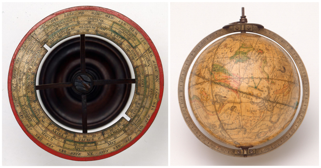 Colour photographs of celestial and terrestrial globes made by Mary Senex