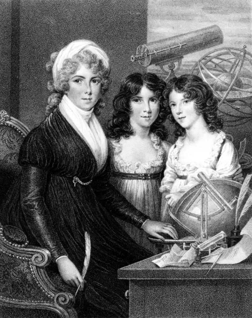 Stipple engraved portrait of a woman and two children with scientific instruments